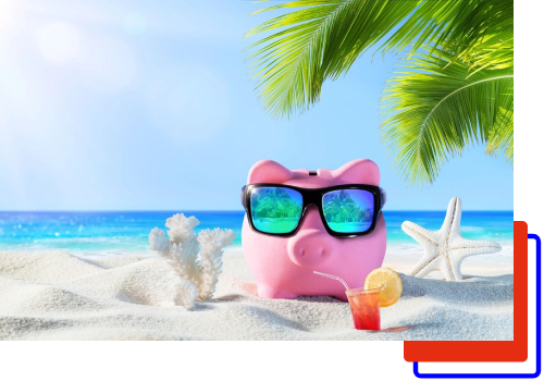 A pink piggy bank with sunglasses on the beach