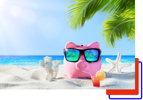 A pink piggy bank with sunglasses on the beach